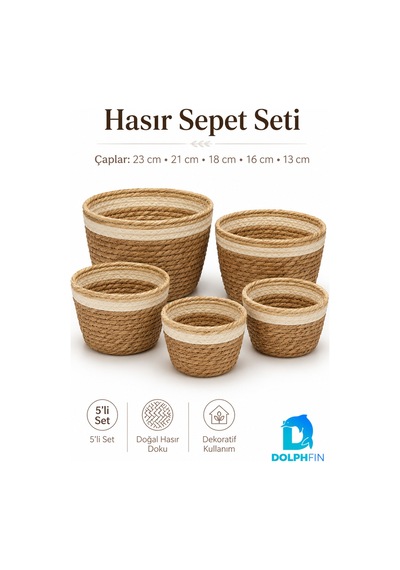 5 Li Hasır Sepet Seti Çok Amaçlı Dekoratif Düzenleyici Organizer Saksı Kılıfı
