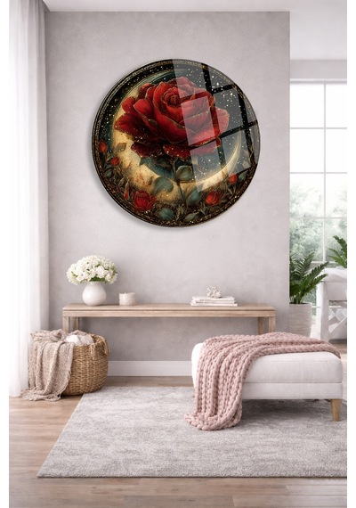 Kırmızı Gül Gold Yuvarlak Cam Tablo Modern Sanat Tablosu Canlı Renkli Baskı Ofis Ve Çalışma Odası Anlamlı Hediye Seçeneği 4mm Kırılmaz Cam