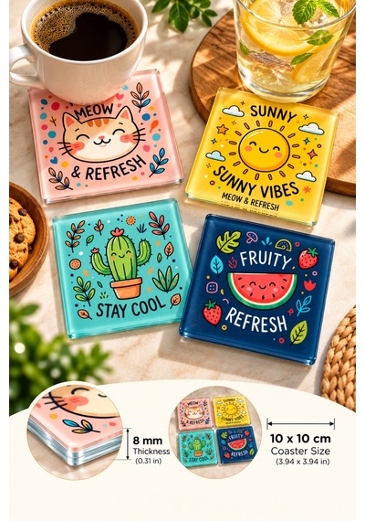 Gökçeoğlu Cam Bardak Altlığı Stay Cool 4'lü Takım 10cm X 10cm Çok Renkli