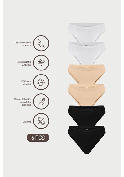 Auw Kadın Lastiksiz Pamuklu Modal Basic Cheeky Külot 6'lı - Softfit Beyaz,ten,siyah