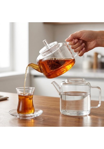 Lexroo Flat Borosilikat Cam Çaydanlık Takımı 980 Ml Demlik + 1600 Ml Alt Demlik Çok Renkli