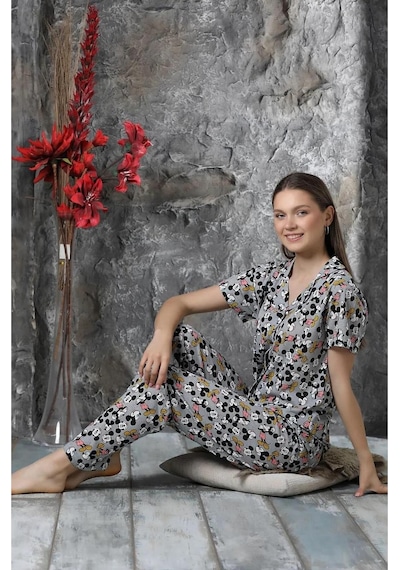 Yazlık Mickey Baskılı Kısa Kol Pijama Takımı Yeni Sezon Gri