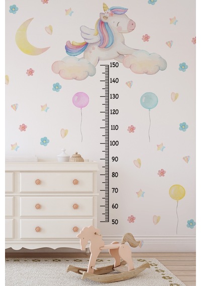 Sevimli Unicorn Ve Rengarenk Figürler Temalı Boy Ölçer Boy Cetveli Sticker Seti Çocuk Çiçekli Yıldız