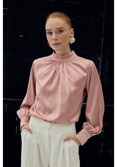 Sateen Yaka Detaylı Saten Bluz - Pembe-136727 Pembe