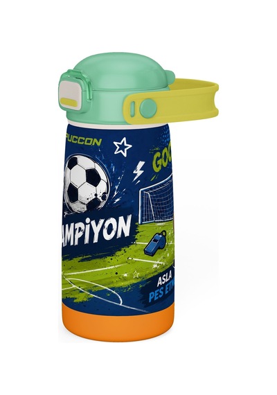 Puccon 420 Ml Erkek Çocuk Lacivert Yeşil Futbol Topu Baskılı Pipetli Çelik Okul Suluğu Matarası - 60029 Çok Renkli