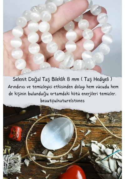Selenit Çok Kaliteli Doğal Taş Bileklik Büyük Melek Taşı Hediyeli  Ve  Aaa Kalite Çok Renkli