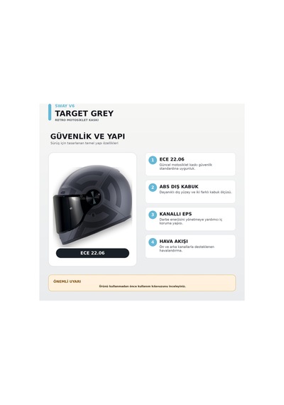Sway V6 Full Face Retro Kask Siyah Vizör Target Grey M Gri