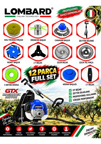 Cros Lombard Olıvaro-12x 12 Parça Özel Set Sırt Tipi Zeytin Silkeme Hasat Toplama Magnatec Seri Tırpan Motoru