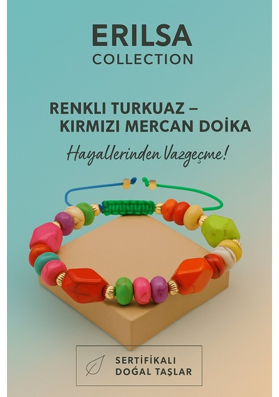 Sertifikalı Renkli Turkuaz Kırmızı Mercan Taşı Bileklik Cesare Çok Renkli