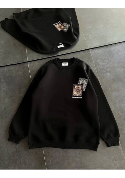 Kadın Bisiklet Yaka Baskılı Sweatshirt - Siyah Siyah