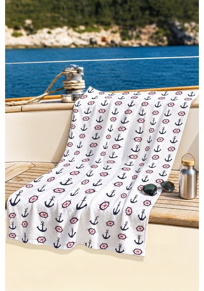Çapa Dümen Marine Plaj Havlusu - Beyaz Lacivert Kırmızı Nautical Hızlı Kuruyan Mikrofiber Havlu Eski Bulut