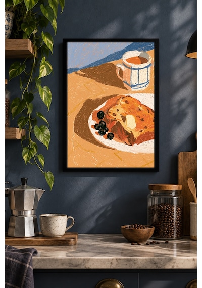 Tatlı Tabağı Ve Kahve Desenli Dekoratif Mdf Tablo, Çerçeve Görünümlü Ahşap Poster