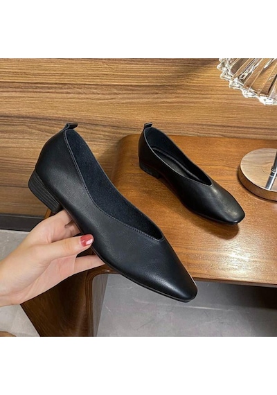 Siyah Deri Kadın Babet Siyah Platin Siyah