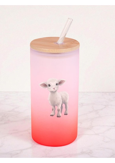 Kuzu Baskılı 600 Ml Cam Matara- Su Matarası, Suluk Matara, Cam Pipetli Matara Kırmızı