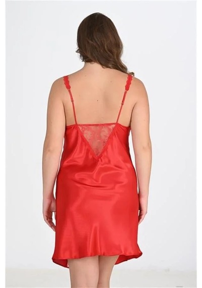 Ang Butik Kadın Premium Büyük Beden Saten Dantel İşlemeli Kırmızı Gecelik Bigsize Takımı