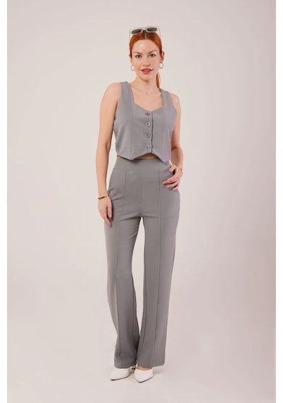Defymoda Kalın Askılı Düğmeli Yelek Ve Pantolon Gri Takım Gri