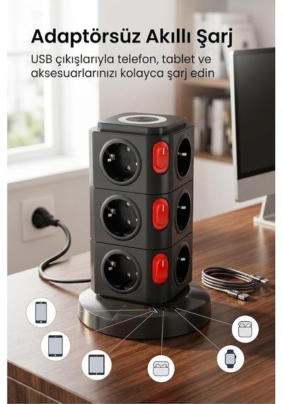 12'li Kule Tipi Çoklu Priz 3680w Kablosuz Şarjlı 1xusb-a 2xtype- C Akıllı Güç İstasyonu Standart