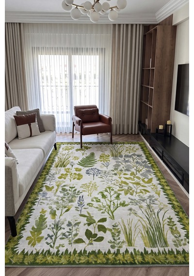 Garden 812 Yeşil Bej Botanik Çiçekli Halı Yıkanabilir İnce Dokuma Taban Salon Oturma Odası Halısı Yeşil Bej C
