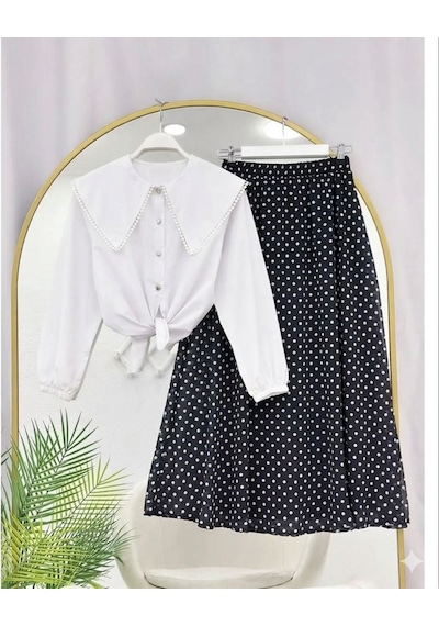 Lovie Moda Kadın Fisto Gömlek Benek Desenli Etekli Takım Siyah