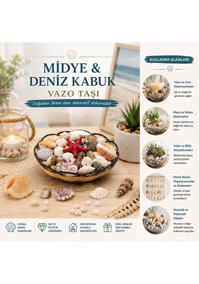 İbico İ12-249 Yuvarlak Ahşap Sepetli Fileli Renkli Mix Midye Ve Deniz Kabuğu Vazo Taşı