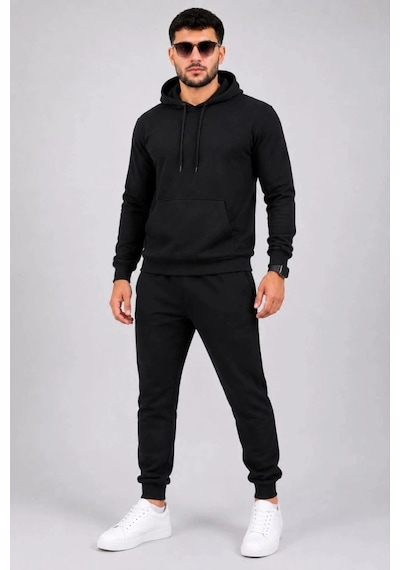 Freedom Storee Erkek İki İplik Kapüşonlu Kanguru Cepli Sweatshirt Jogger Pantolon Alt Üst Eşofman Takımı -siyah Çok Renkli