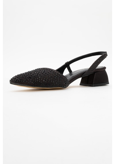 Luvishoes Luvi Shoes Sella Siyah Saten Taşlı Kadın Kısa Topuklu Ayakkkabı Siyah