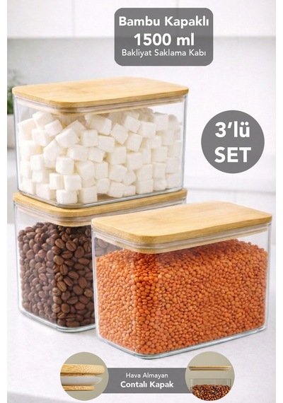 3'lü Bambu Kapak Aura Dikdörtgen Saklama Kabı - Vakumlu Hava Almaz Kapak Erzak Bakliyat Kabı 1,5 Lt Bej