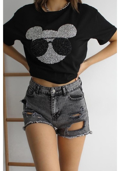 Femelle Kadın Yeni Sezon Bisiklet Yaka Pamuklu T-shirt Siyah