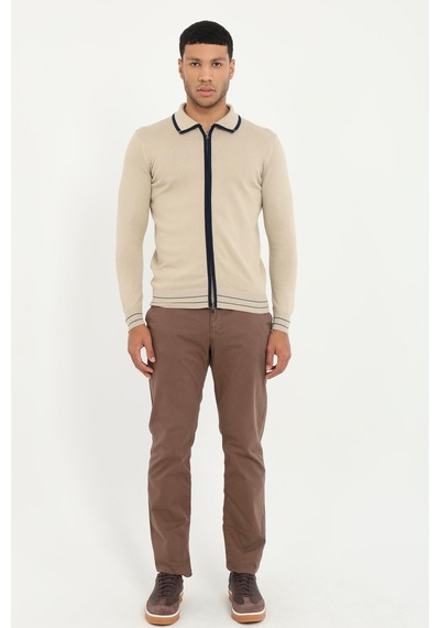 Dufy Erkek Regular Fit Polo Yaka Bej Fermuarlı Hırka-19549
