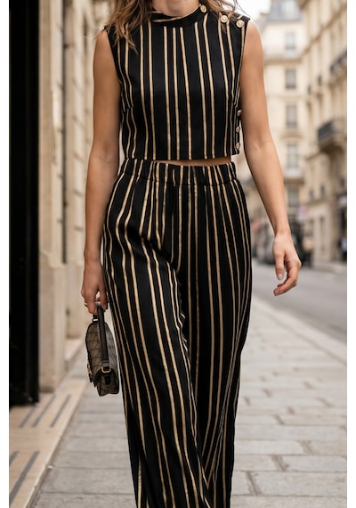 Fashion Cocktail Akıcı Kumaşlı Altın Düğmeli Apoletli Çizgili Bel Lastikli Pantolon Kolsuz Boyunlu Dökümlü Mat Saten Crop Top Takım Set Lacivert Fashion Cocktail Akıcı Kumaşlı Altın Düğmeli Apoletli Çizgili Bel Lastikli Pantolon Kolsuz Boyunlu Dökümlü Mat Saten Crop Top Takım Set Lacivert