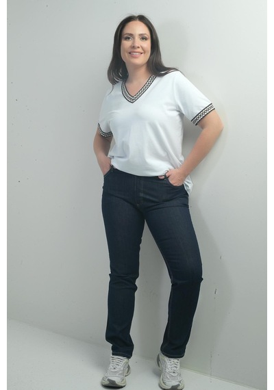 By Saygı Kadın Yüksek Bel Boru Paça Büyük Beden Taşlanmış Kot Pantolon-40353 Lacivert