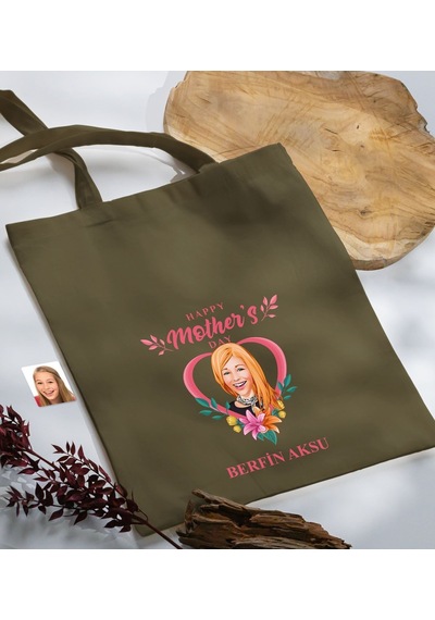 Bk Gift Kişiye Özel Anneler Günü Karikatürlü Haki Kumaş Bez Çanta, Baskılı Omuz Çantası, Alışveriş Çantası, Anneye Hediye-5 Haki