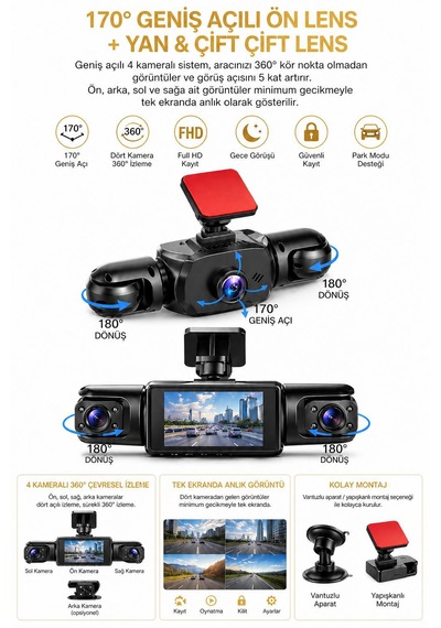 Cmr-161 4 Kannalı Araç İçi Kamera Sistemi Full Hd 1080p Gece Görüşlü 170 Derece Geniş Açı G-sensör 2.0inç Ekranlı