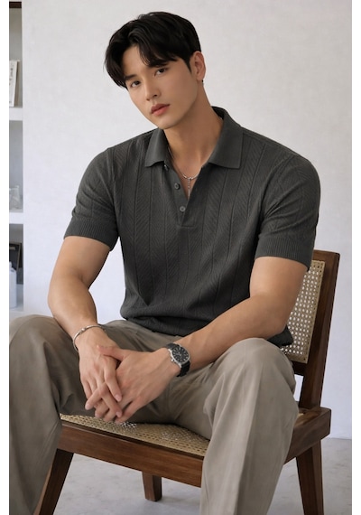Tarz Cool Erkek Triko Polo Yaka Tişört Slim İnce Dokulu Şık Basic Triko T-shirt Siyah