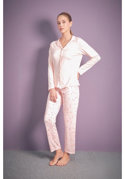 Fullamoda Kalp Desenli Gömlek Yaka 2 Li Pijama Takımı 24mıcg631216522-pudra Pudra