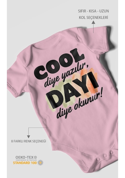 Morivokids Cool Diye Yazılır Dayı Diye Okunur Kısa Kollu Bebek Body %100 Pamuk Koyu Pembe