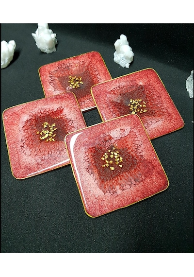 Epoksi Bardak Altlığı Takımı - Pearl Etna Kırmızı
