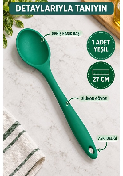 Tekli Yeşil Büyük Boy Silikon Kaşık 27 Cm Mutfak Yemek Pişirme Ve Servis Kaşığı Renkli Mutfak Gereci