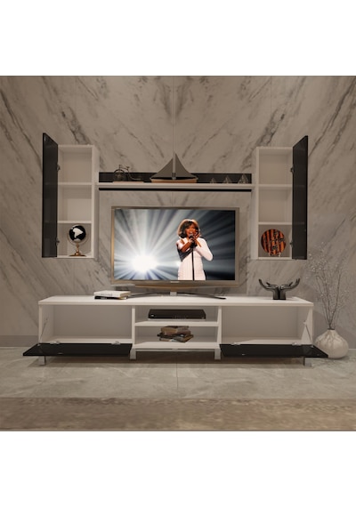 Decoraktiv Eko 5d Mdf Dvd Krom Ayaklı Tv Ünitesi Tv Sehpası Beyaz - Siyah