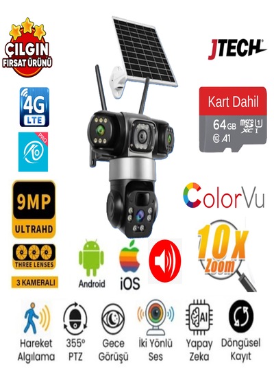 O-kam 6060 3+3+3 9mp 4g Sim Kartlı Solar Panelli 3 Lens 1 Ptz Akıllı Kamera + 64gb Sd Kart Dahil