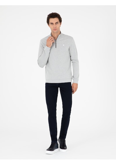 Gri Melanj Regular Fit Pamuk Karışımlı Yarım Fermuarlı Sweatshirt