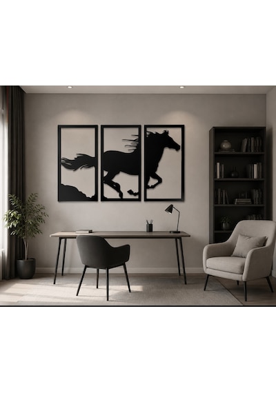 3 Parçalı Modern At Figürlü Mdf Tablo Seti 90x50 Cm Duvar Dekoru