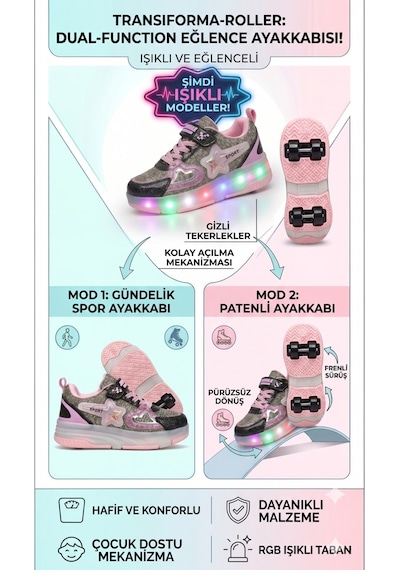 Enoch Çocuk Patenli Işıklı Tekerlekli Spor Ayakkabı & Rahat Cırt Cırtlı Kaykay Ayakkabı 4 Tekerli Sneaker Siyah - Pembe Enoch Çocuk Patenli Işıklı Tekerlekli Spor Ayakkabı & Rahat Cırt Cırtlı Kaykay Ayakkabı 4 Tekerli Sneaker Siyah - Pembe