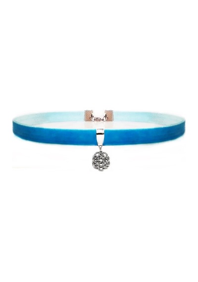 Mavi Renk Kadife Aşk Düğümü Choker Kolye Gümüş