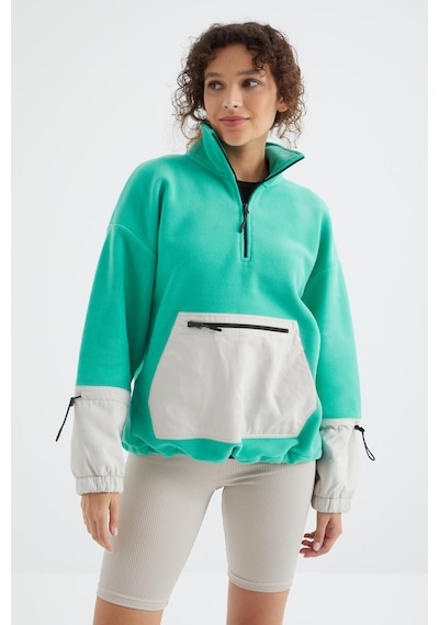 Tommy Life Deniz Yeşili Etek Ucu Büzgülü Yarım Fermuarlı Oversize Kadın Polar Sweatshirt - 97238 Yeşil