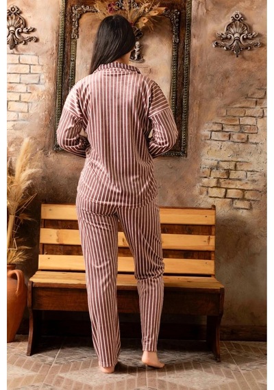 Sude Kadın Kışlık Gömlek Yaka Kadife Çizgili Pijama Takımı P200/840 - 1 Adet 001