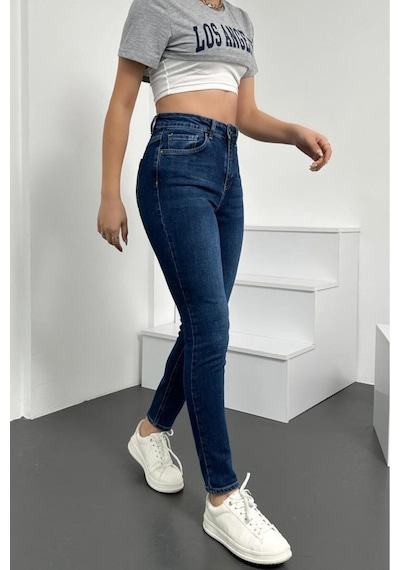 HLT Jeans Kadın Mavi Süper Skinny Fit  Esnek Likralı Yüksek Bel Denim Jean Kot Pantolon HLTJENNİE-STEVE Mavi
