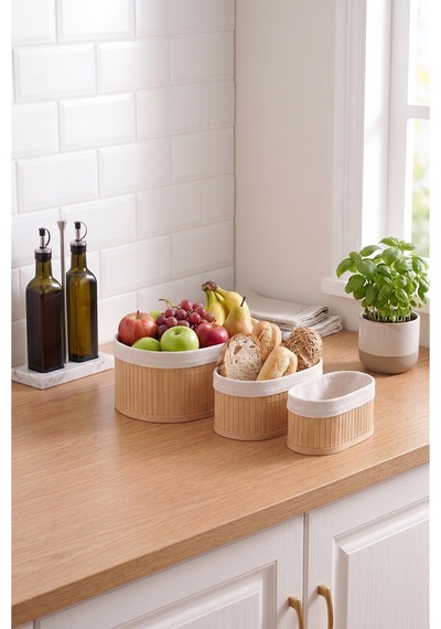 Oval 3 Lü Set İçi Kumaşlı Oval Bambu Düzenleyici Sepet Çok Amaçlı Organizer-oval Bej Bej