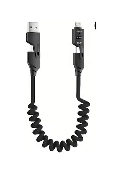 Pda Teknoloji 65w Type-c+usb A To Type-c+lightning Akordiyonlu Hızlı Şarj Kablosu 1.5m Siyah 65w Spiral, 4 İn 1 Diğer