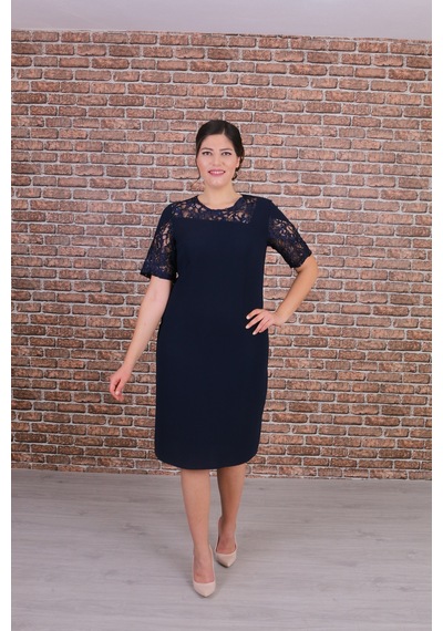 Nidya Moda Büyük Beden Kadın Lacivert Dantelli Abiye Elbise-4160l Lacivert